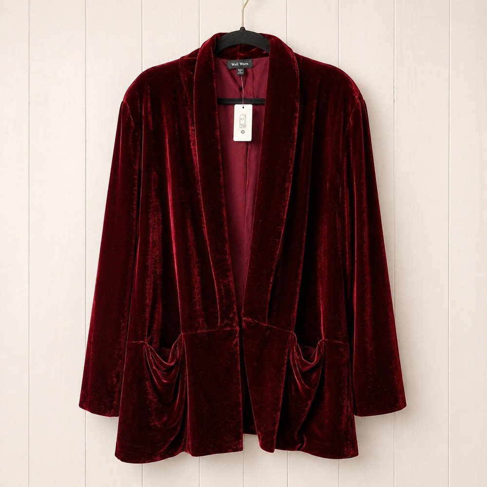 NWT Burgundy Velvet Open Front Blazer Jacket XXL by Well Worn
